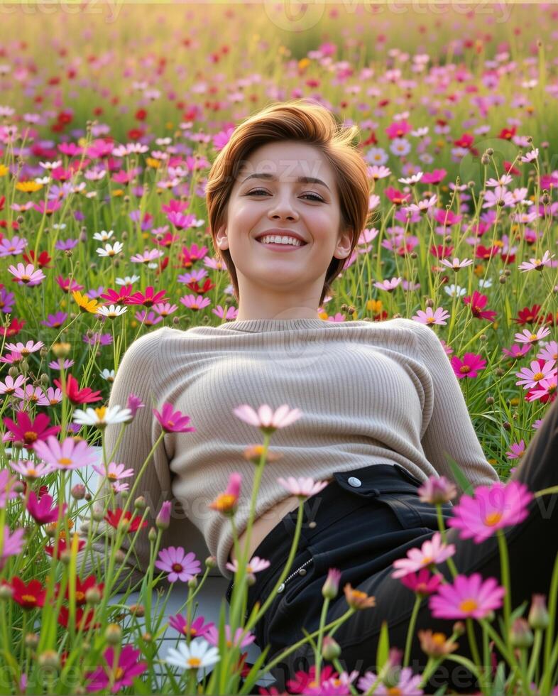 Woman Enjoying a Sunny Day in a Colorful Flower Field Smiling photo