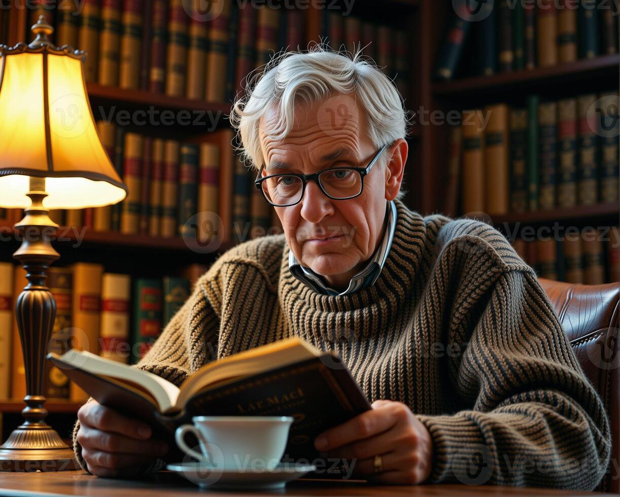 Thoughtful elderly man reading book in cozy library setting photo