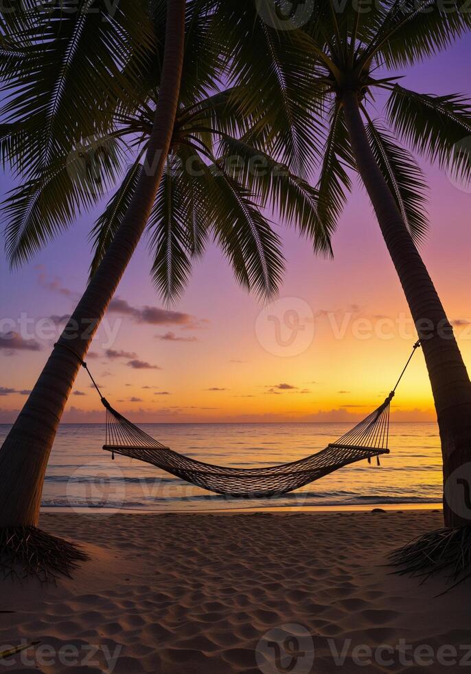 Tranquil Sunset Over Beach with Hammock and Palm Trees Paradise photo