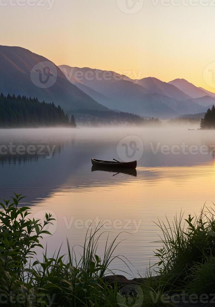 Serene Sunrise Over Misty Lake with Lone Canoe and Mountains Background photo