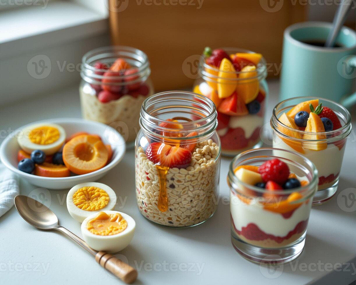 Fresh and Colorful Fruit Parfaits and Healthy Snacks on Table photo