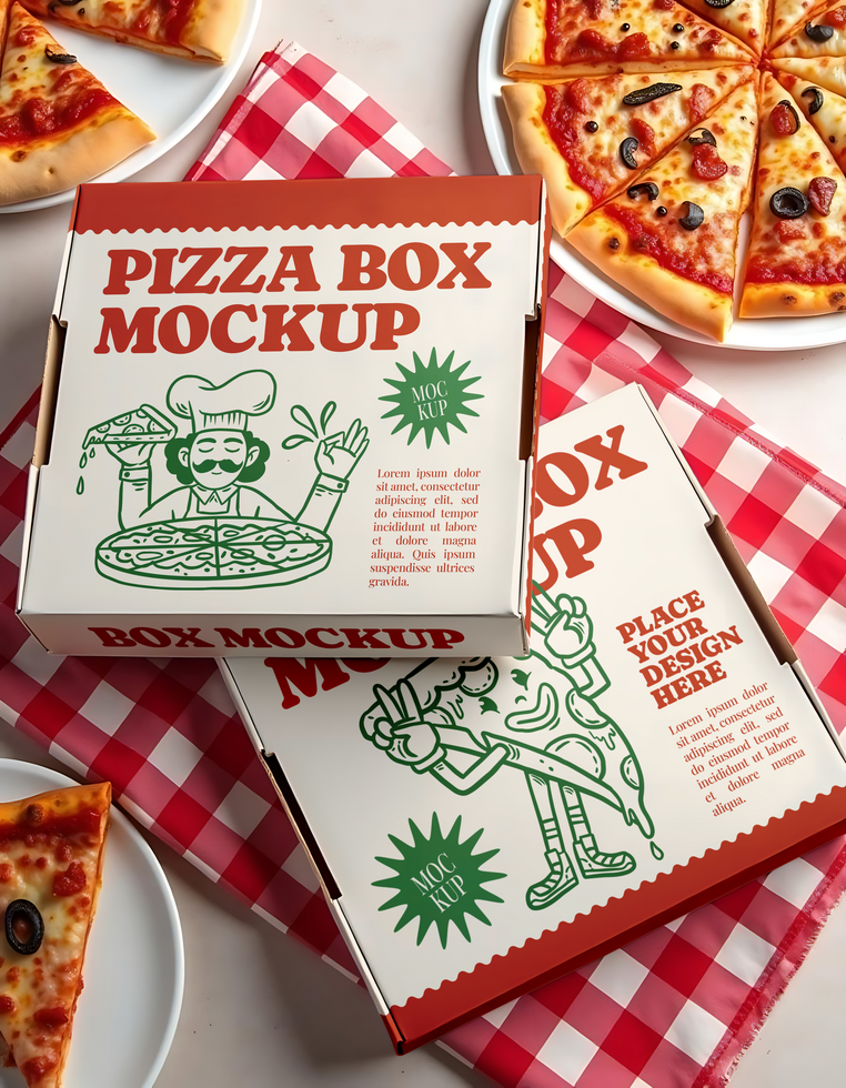 Pizza box mockups with fun illustrations and space for custom designs psd