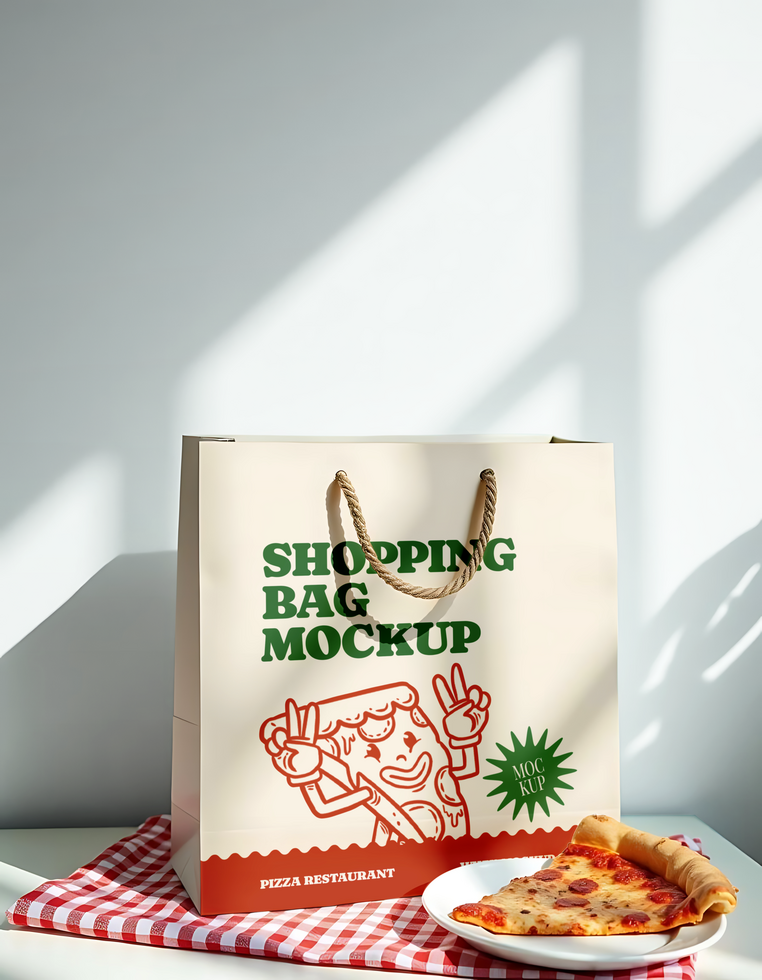 A pizza restaurant shopping bag mockup with a slice of pizza on a plate beside it psd