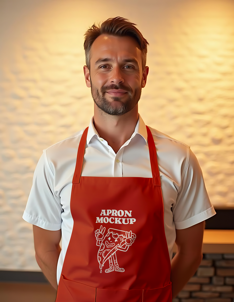 A man with a smile wears a red apron with a pizza graphic and the words Apron Mockup psd