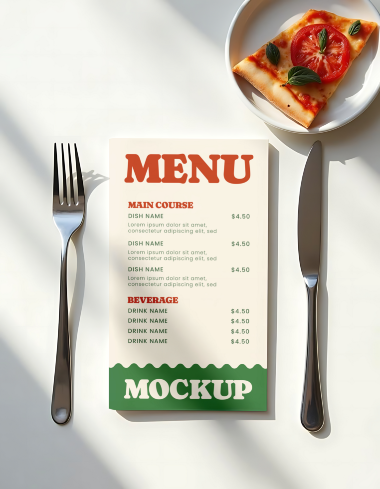 A restaurant menu mockup with a slice of pizza and silverware psd