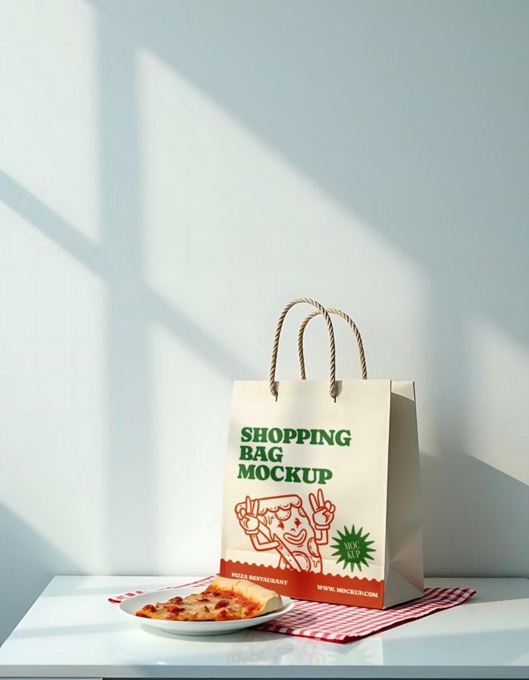 A pizza slice sits beside a paper shopping bag mockup psd
