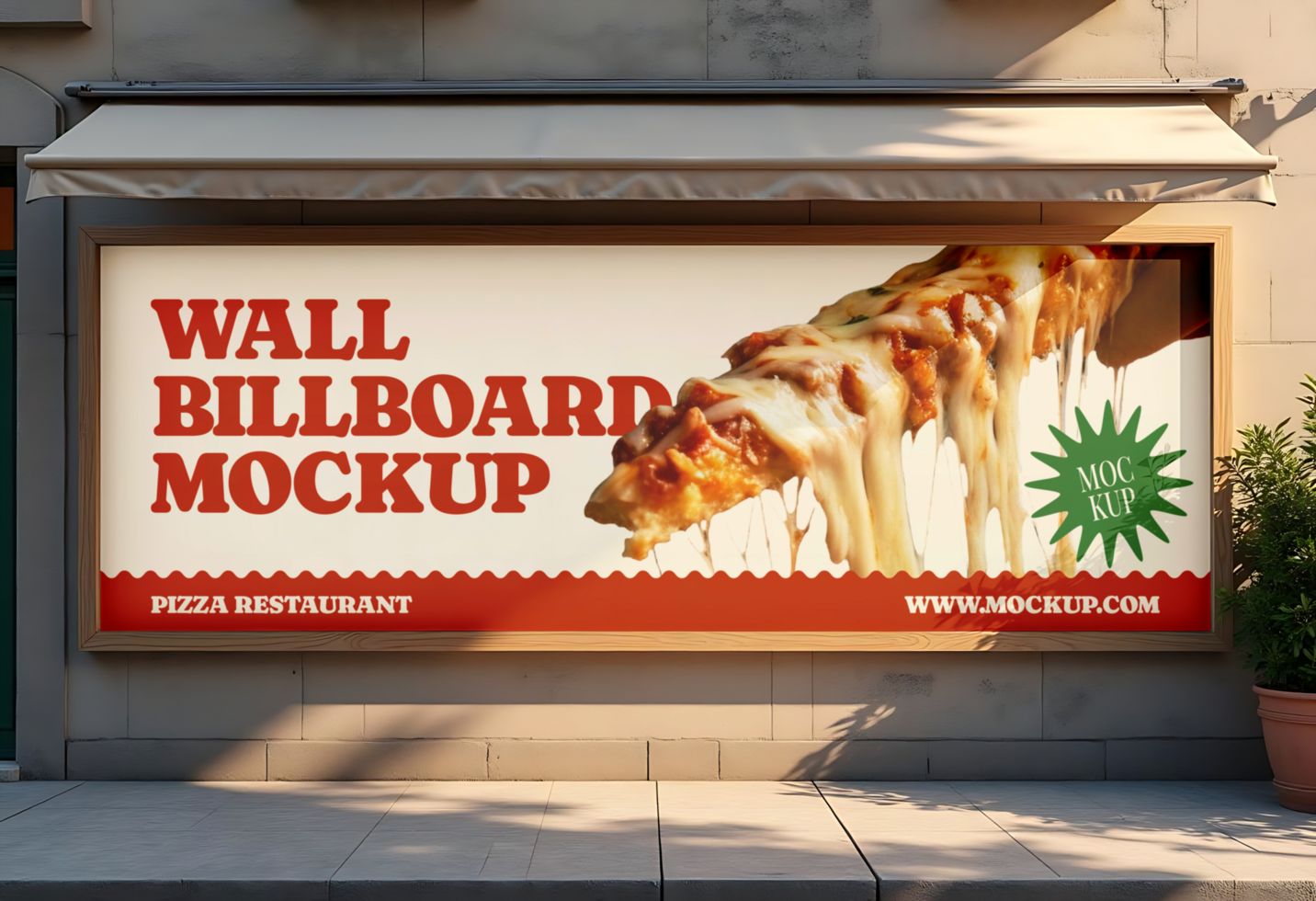 A pizza restaurant billboard mockup advertises a cheesy slice psd