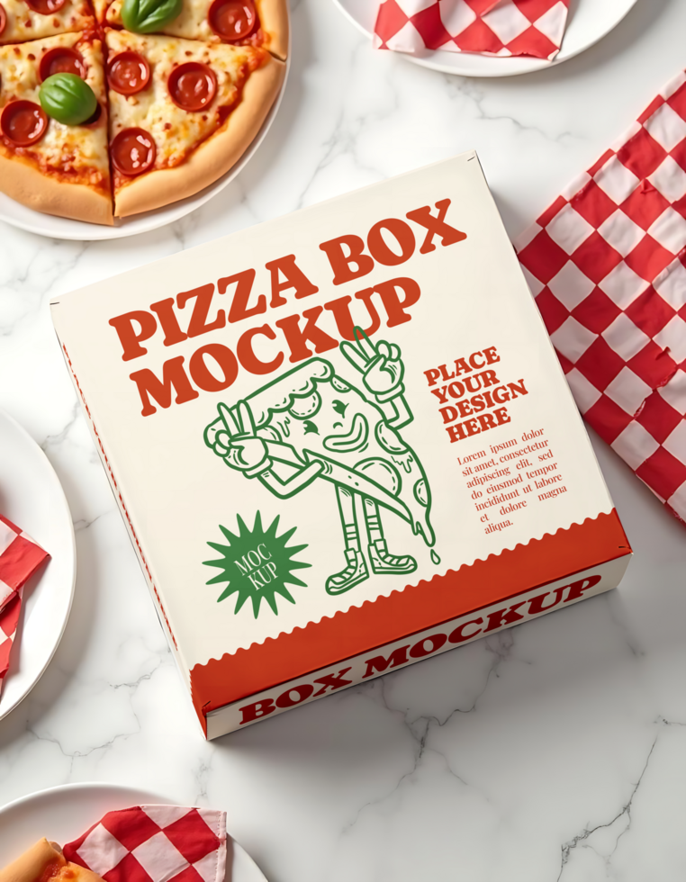 A pizza box mockup featuring a cartoon pizza character and instructions to place your design psd