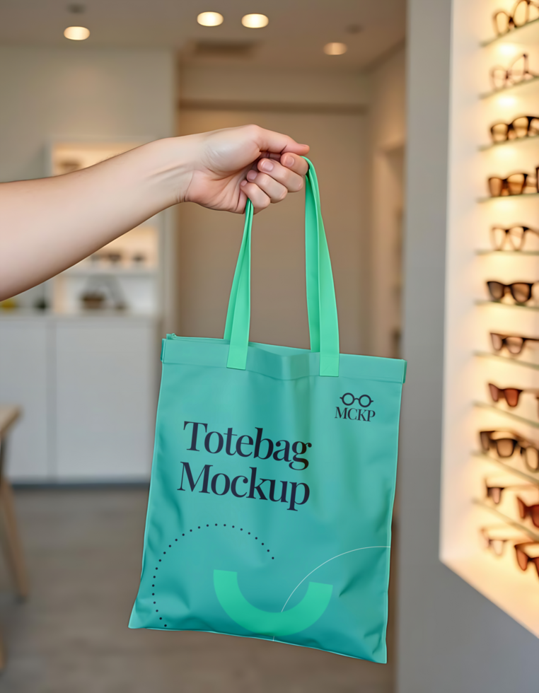 A teal tote bag mockup is held by a hand psd