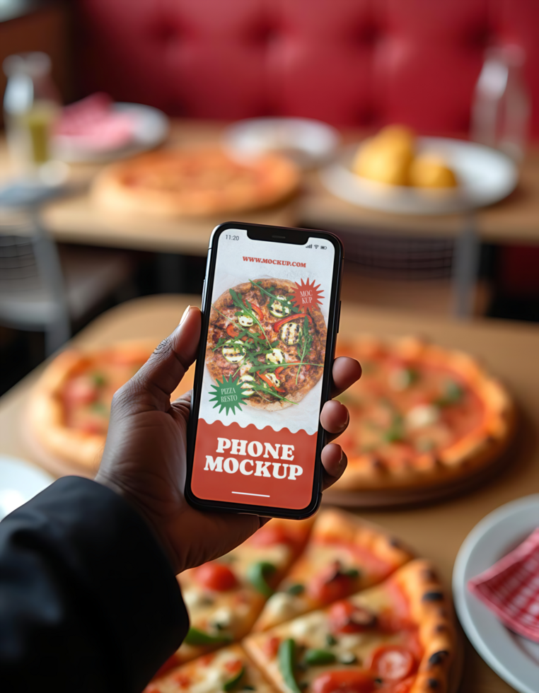 A hand holds a phone displaying a pizza advertisement while surrounded by delicious pizzas psd