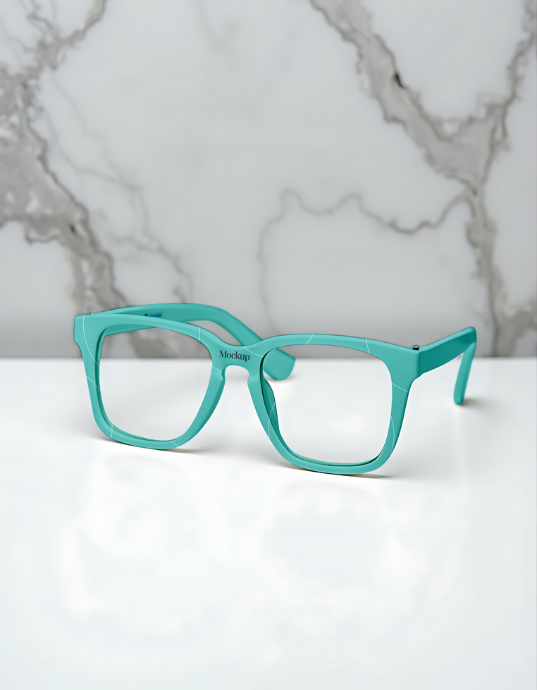 A pair of teal eyeglasses rests on a marble surface psd