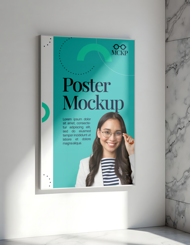 A poster mockup featuring a woman adjusting her eyeglasses psd