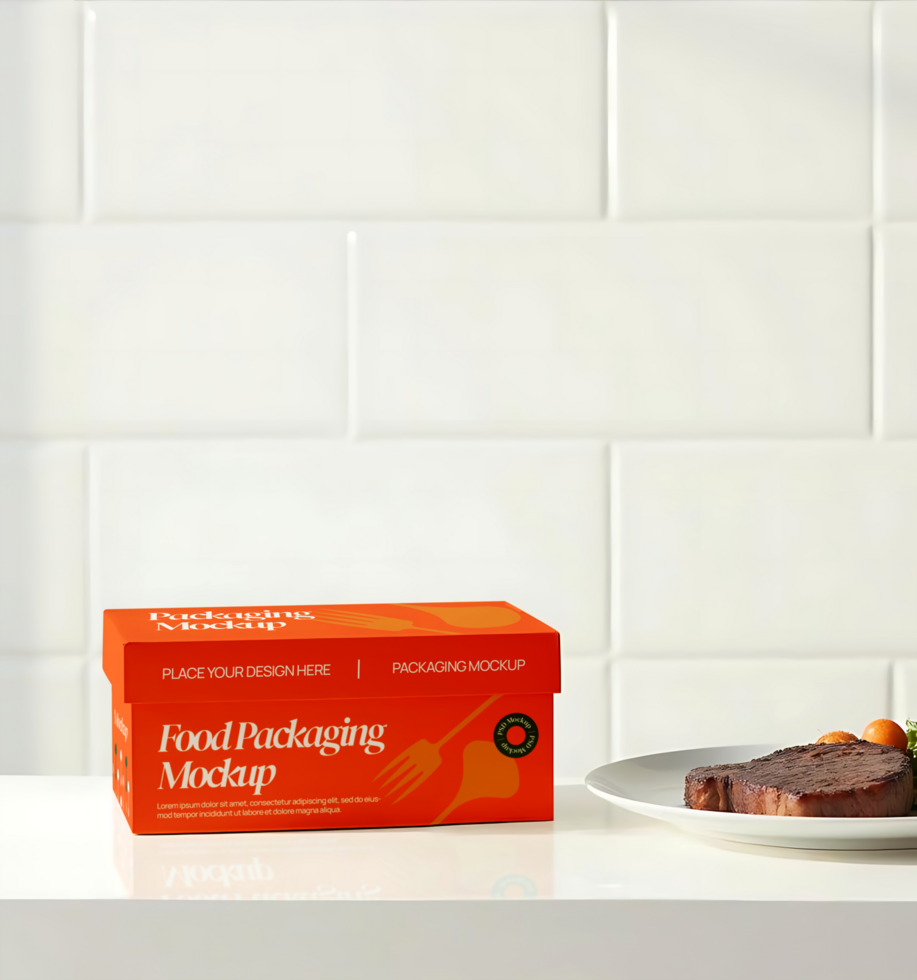 A plate of food on a table next to a box of food psd