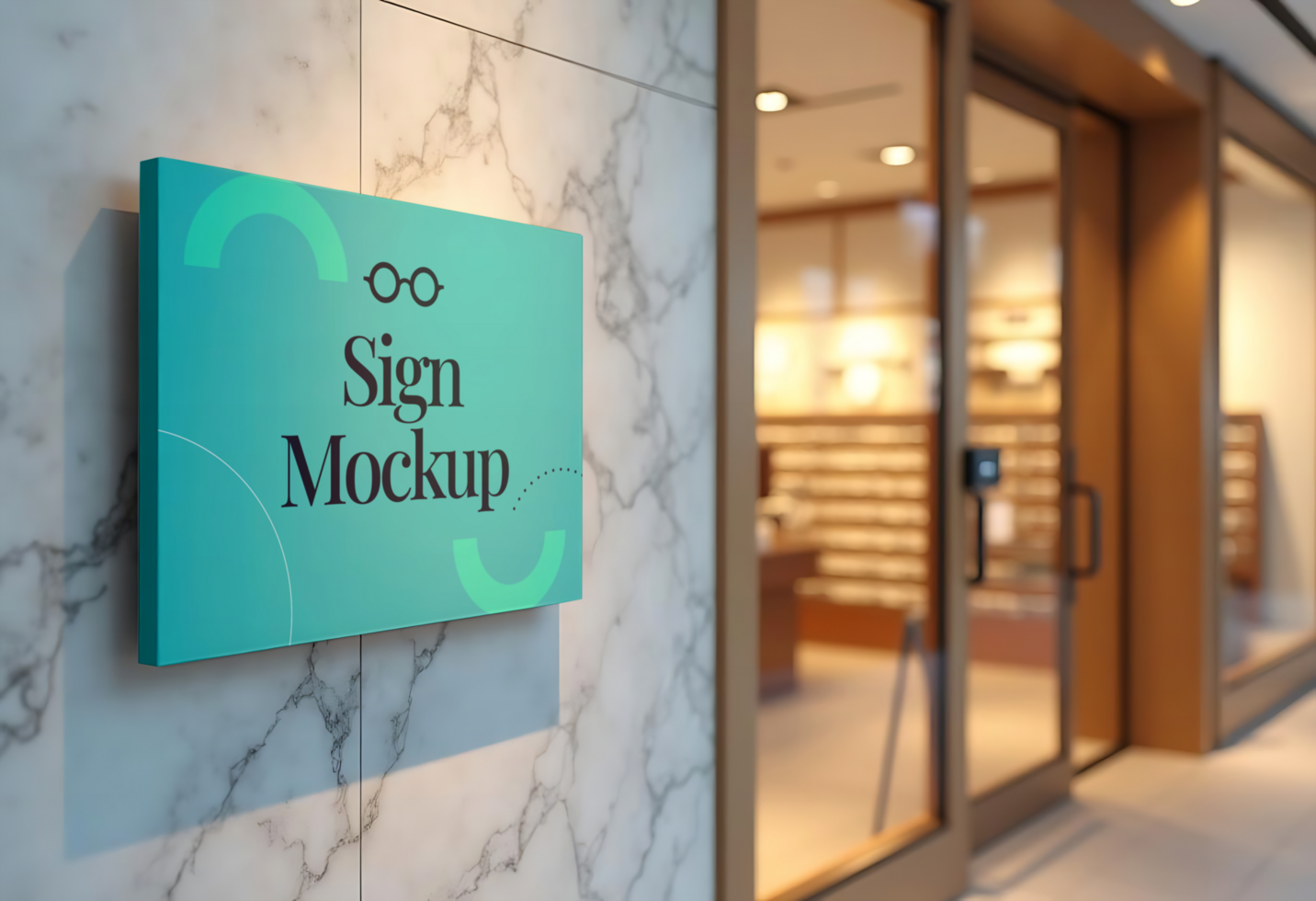 A teal sign mockup hangs on a marble wall outside a store psd