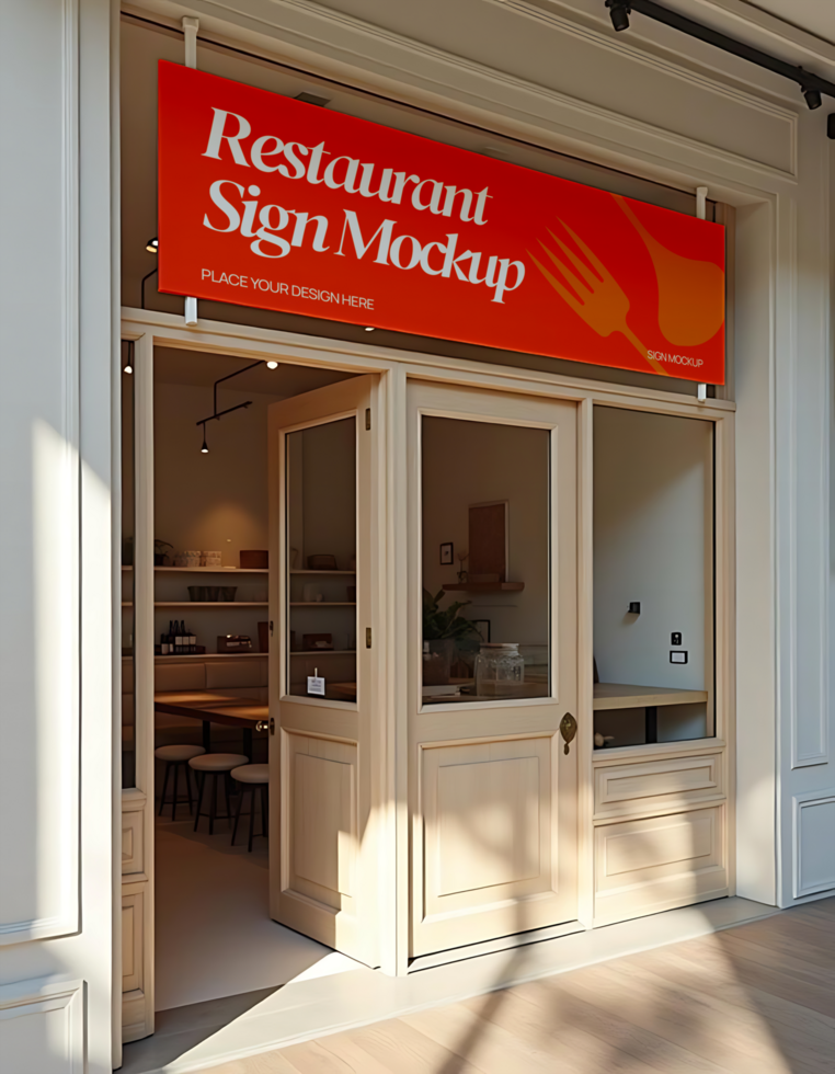 A restaurant sign mockup is displayed in front of a building psd
