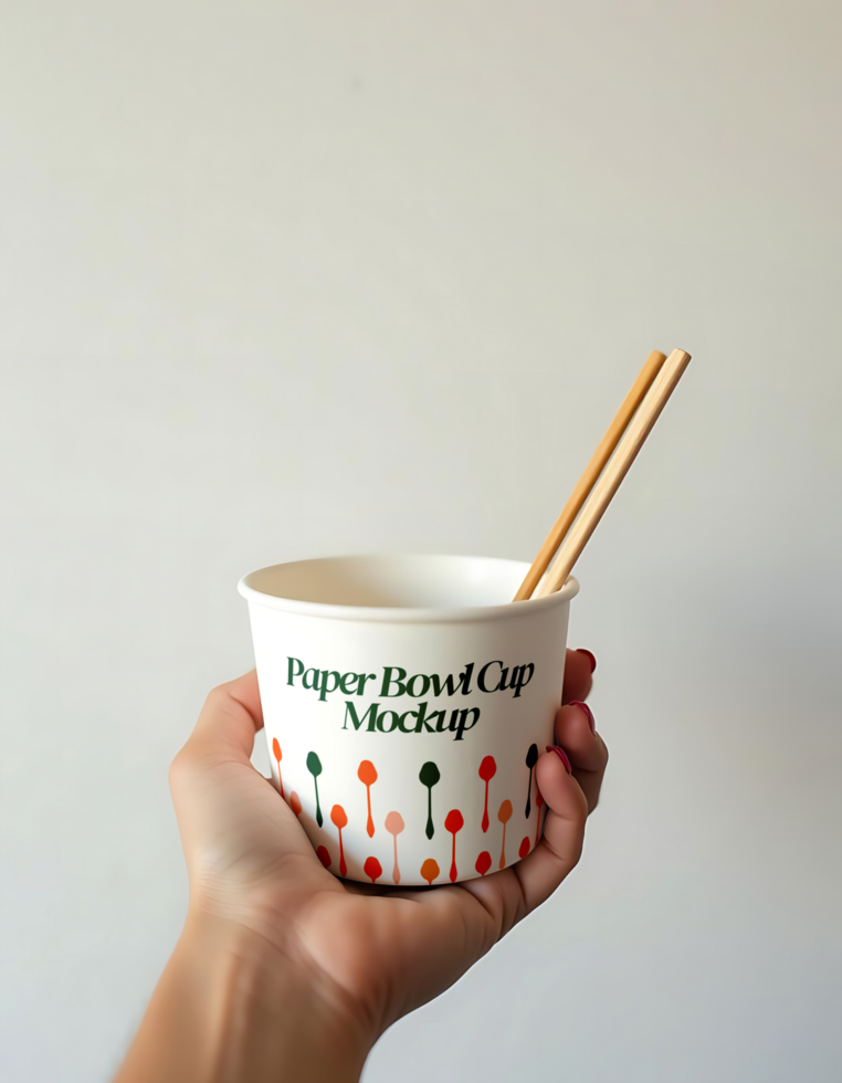 Hand holding a paper bowl with chopsticks psd