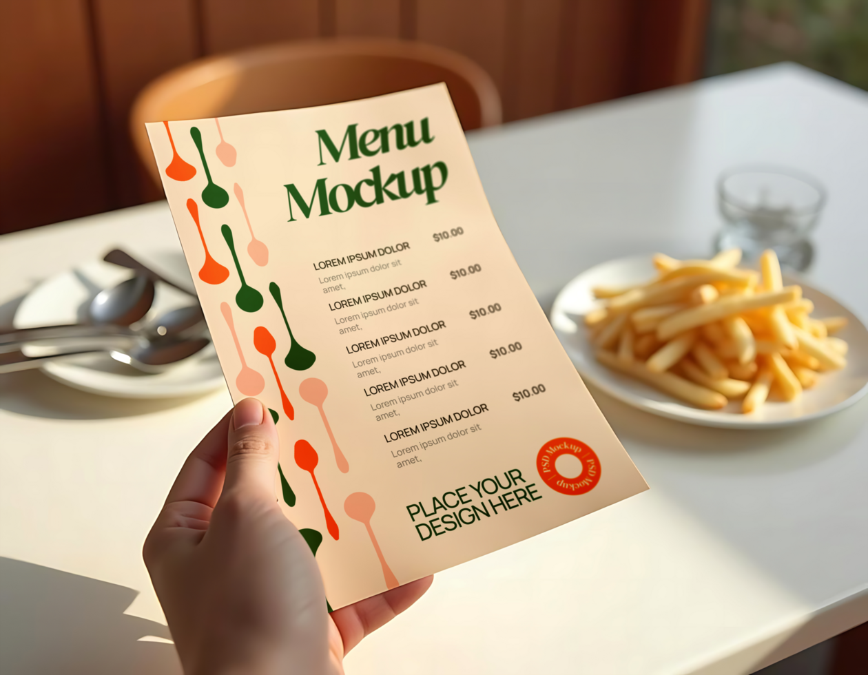 A hand holding a menu mockup on a table psd