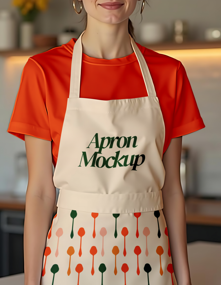 A woman models a beige apron with the words Apron Mockup and a colorful spoon pattern psd