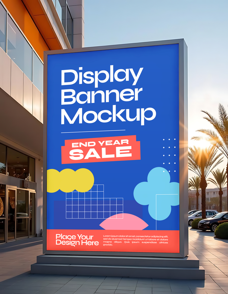 A vibrant end of year sale banner mockup displayed outside a modern building psd