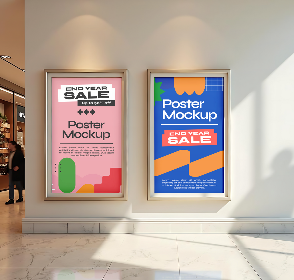 Two end of year sale posters are displayed in a modern shopping mall psd