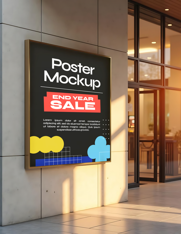Modern poster mockup on the wall of a modern building psd