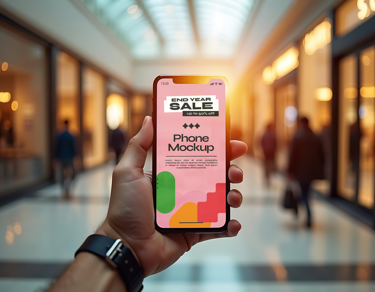 Man holding smartphone with sale mockup psd