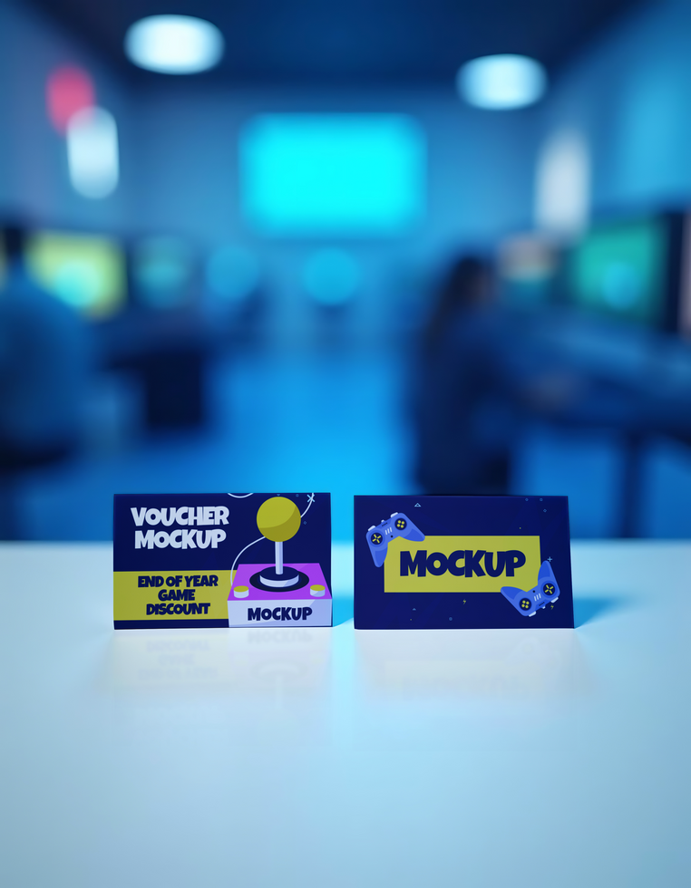 Two gaming voucher mockups featuring end of year game discounts psd