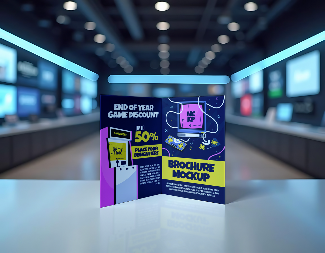 A game store brochure mockup advertising an end of year discount of up to 50 psd