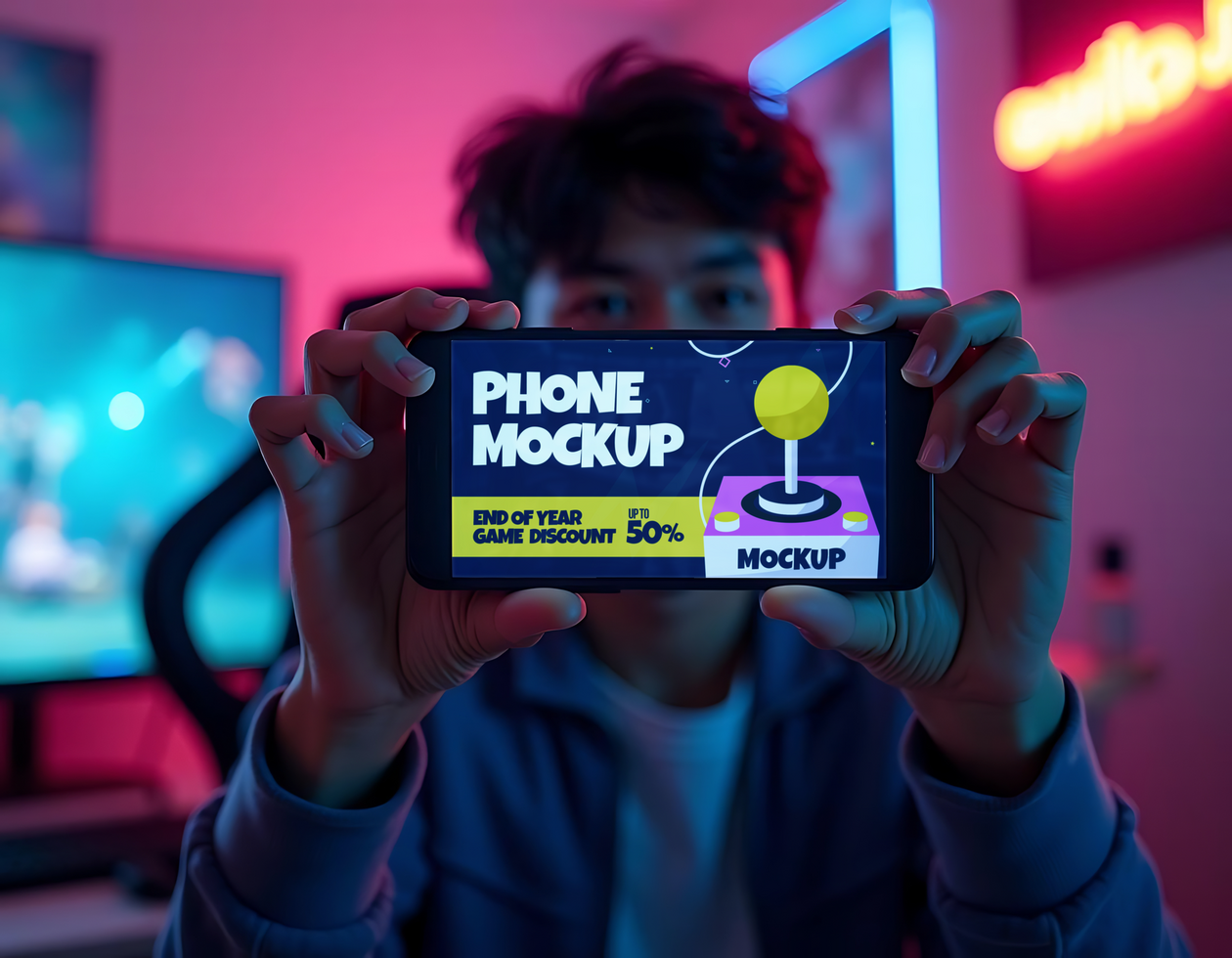 A gamer shows off a phone mockup advertising an end of year game discount psd