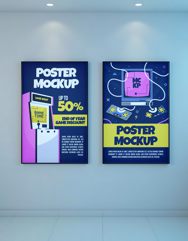 Two retro themed posters advertising end of year game discounts psd