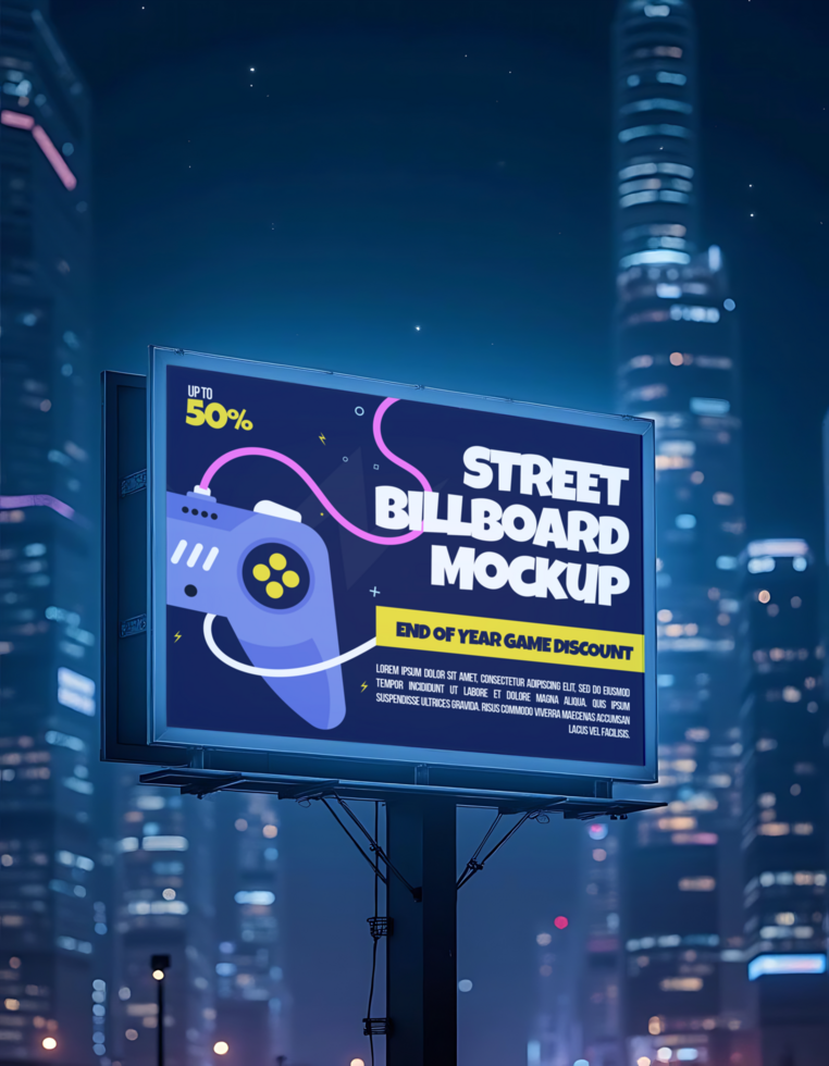 A city street billboard advertises an end of year game discount featuring a gamepad graphic and up to 50 off psd