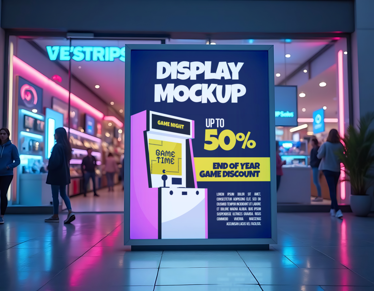 A vibrant storefront display advertises an end of year game discount of up to 50 psd
