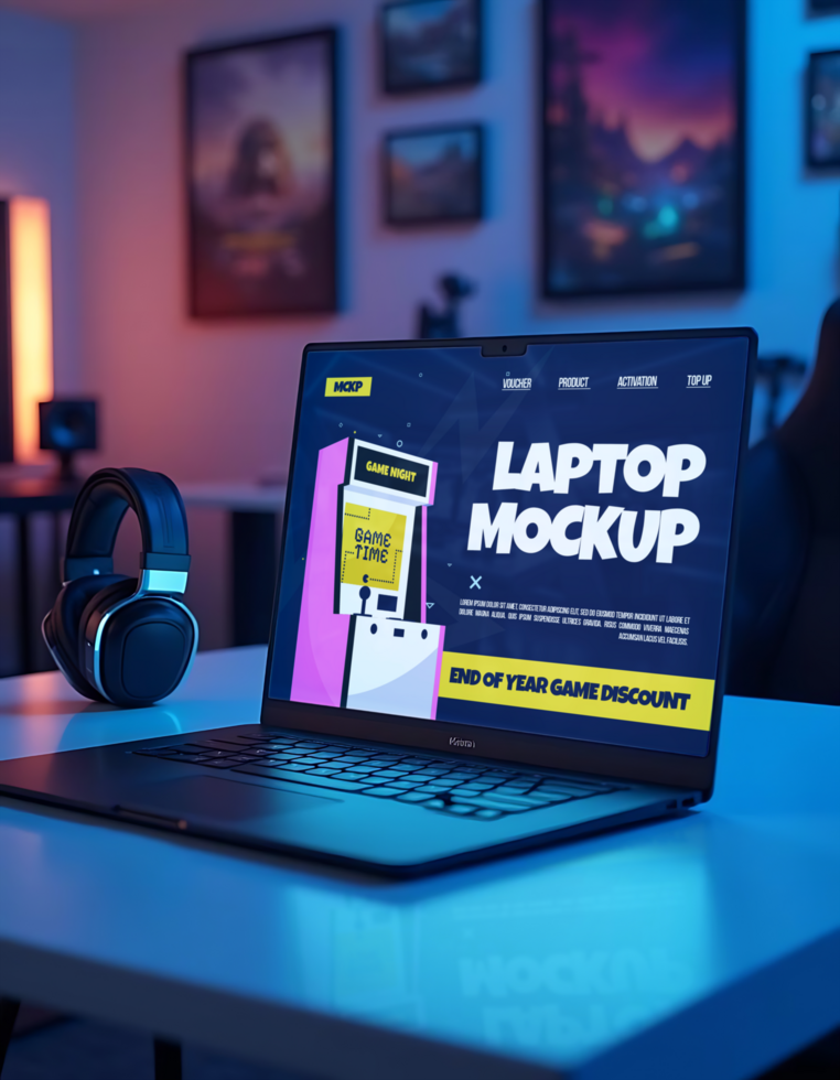 A laptop displays a game discount advertisement with a retro arcade cabinet graphic psd