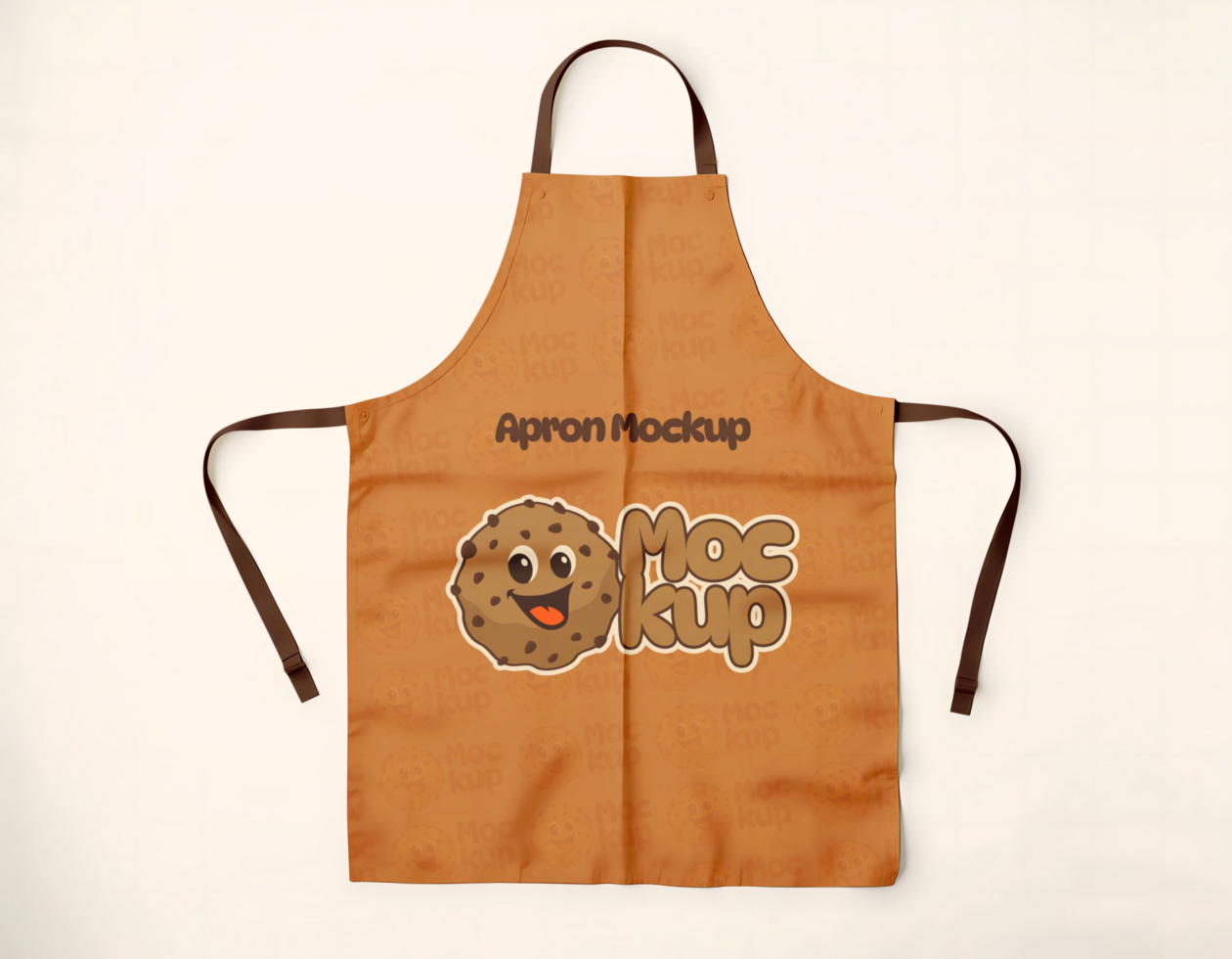 A tan apron mockup featuring a smiling chocolate chip cookie psd