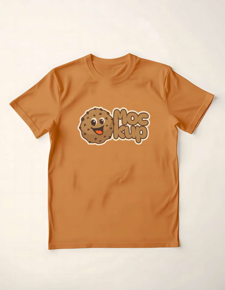 An orange t shirt displays a smiling cookie and the word Mockup psd