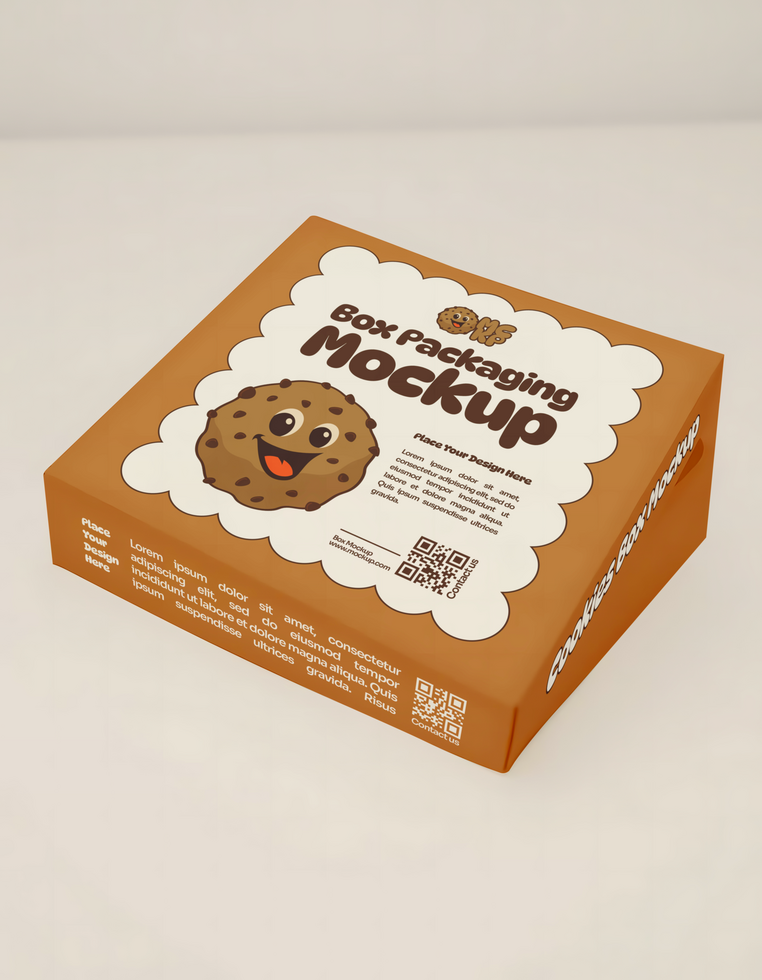 A box packaging mockup featuring a smiling chocolate chip cookie psd