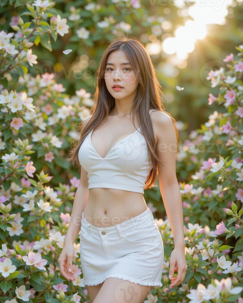 Young Woman in White Top Posing Among Blooming Flowers at Sunset photo