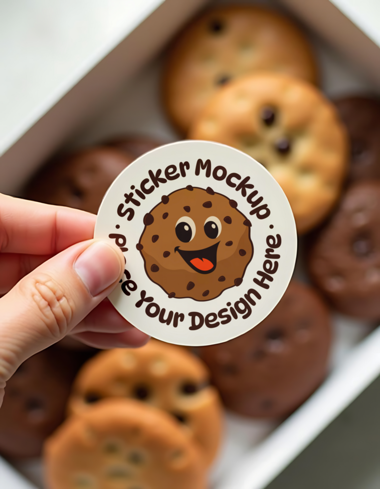 A hand holds a sticker mockup featuring a smiling chocolate chip cookie above a box of assorted cookies psd