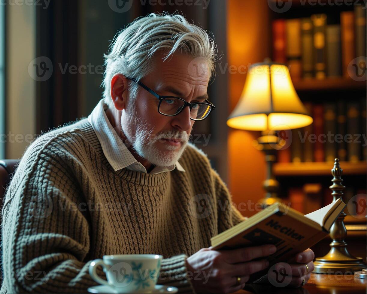 Thoughtful Senior Man Reading Book in Cozy Library Setting photo