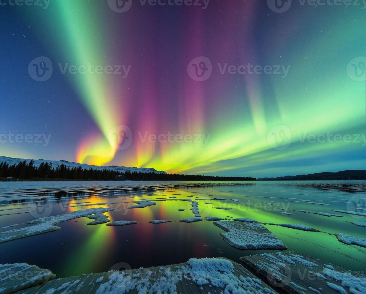 Mesmerizing Aurora Borealis Over Frozen Lake with Reflections photo