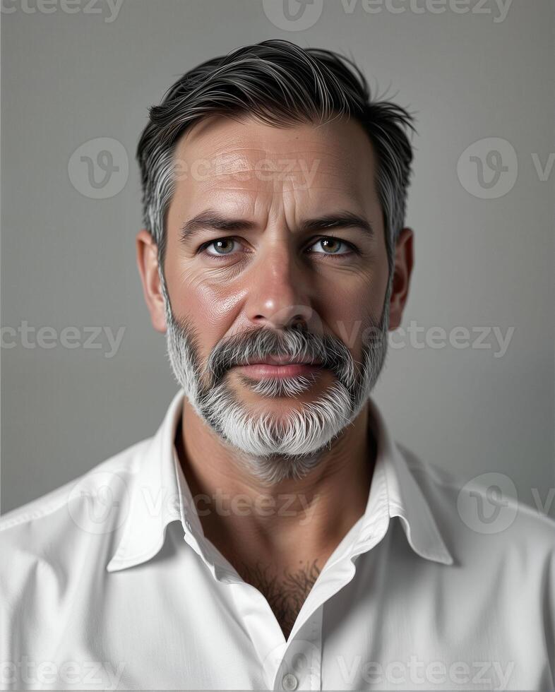 Mature Man with Gray Beard Smiling Against Neutral Background photo