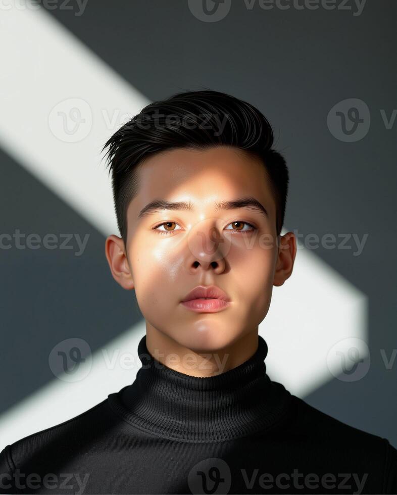 Portrait of a Young Man with Dramatic Light and Shadow Play photo