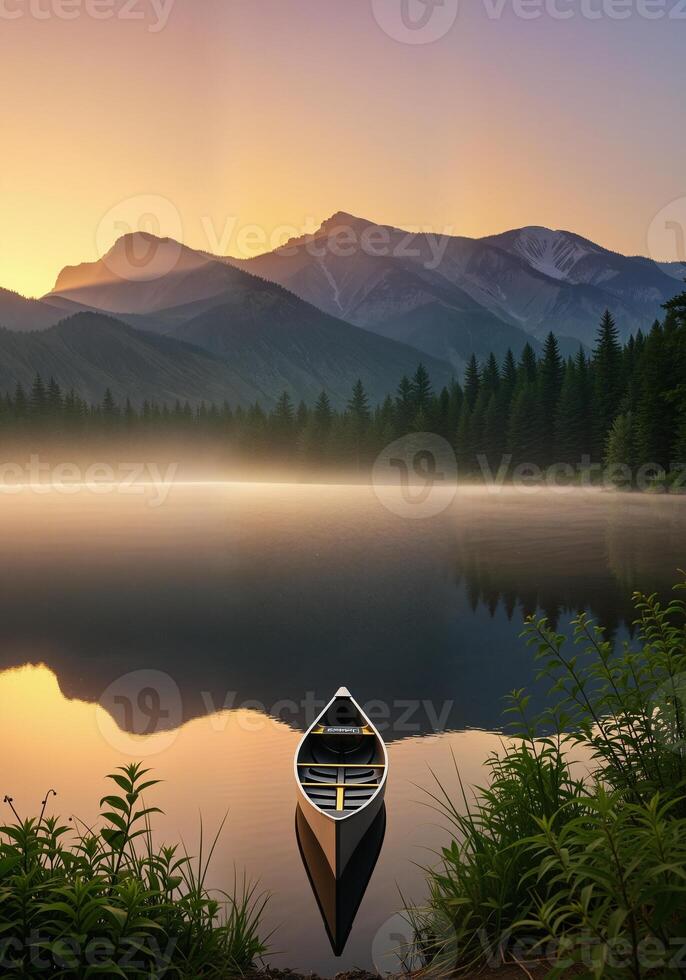 Serene Lake Landscape with Canoe at Sunset in Mountain Range photo