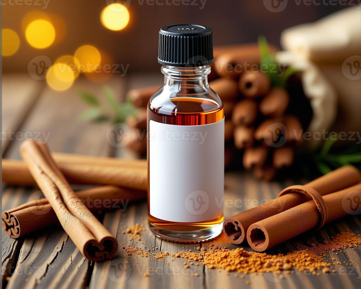Cinnamon Essential Oil Bottle with Cinnamon Sticks on Wooden Table photo