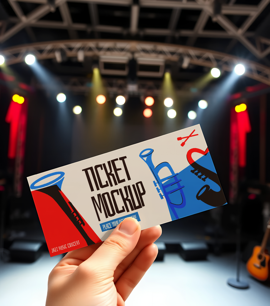 A person holding up a ticket for a concert psd