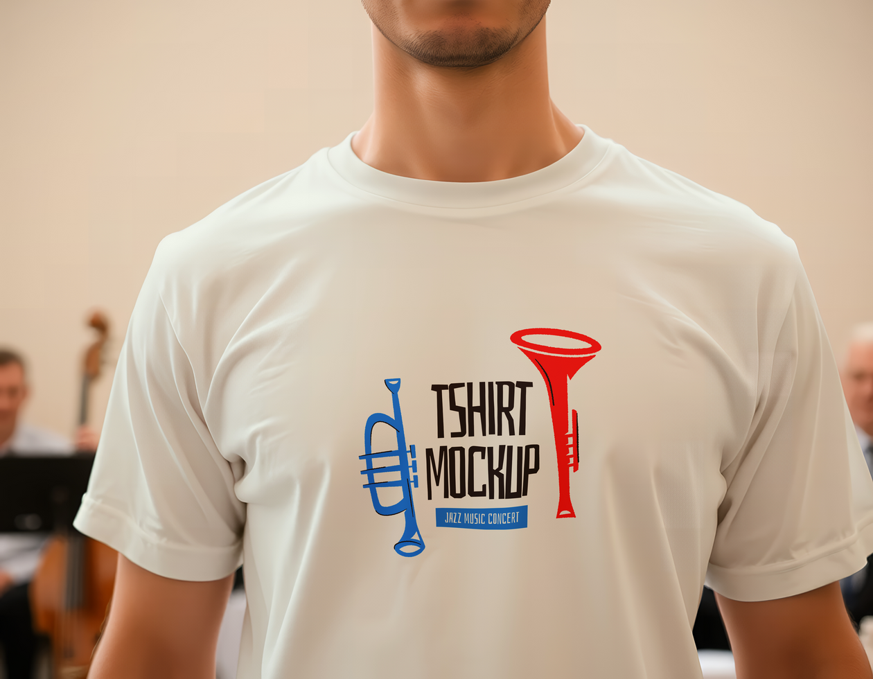 A man wearing a t - shirt with a trumpet and trombone mockup psd