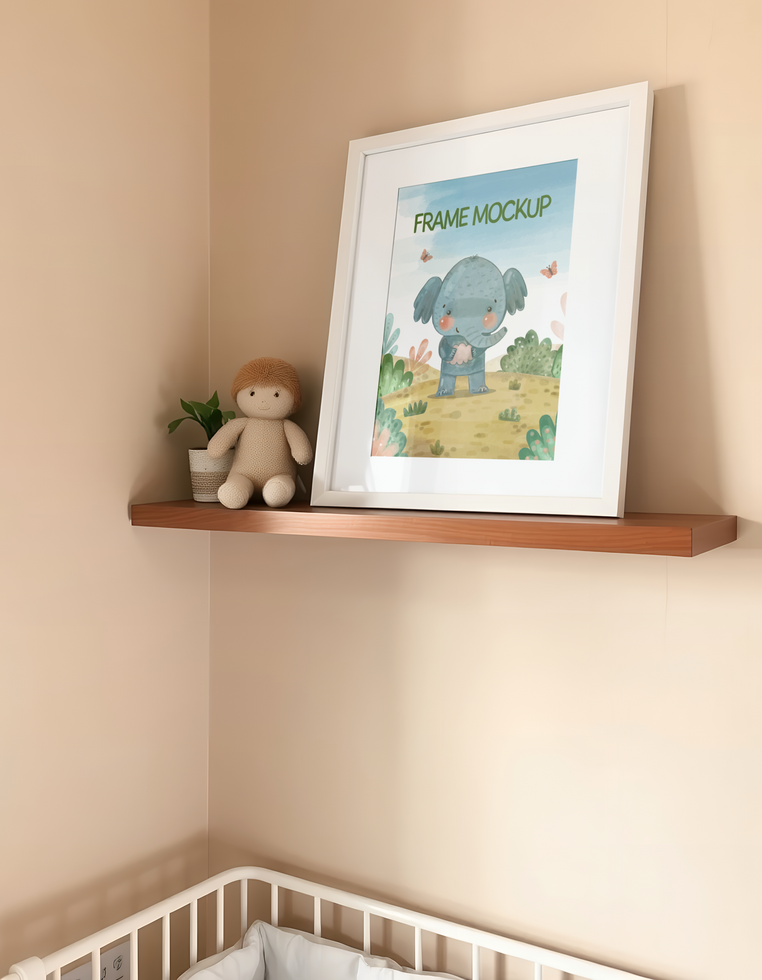 A baby's room with a shelf above the crib psd