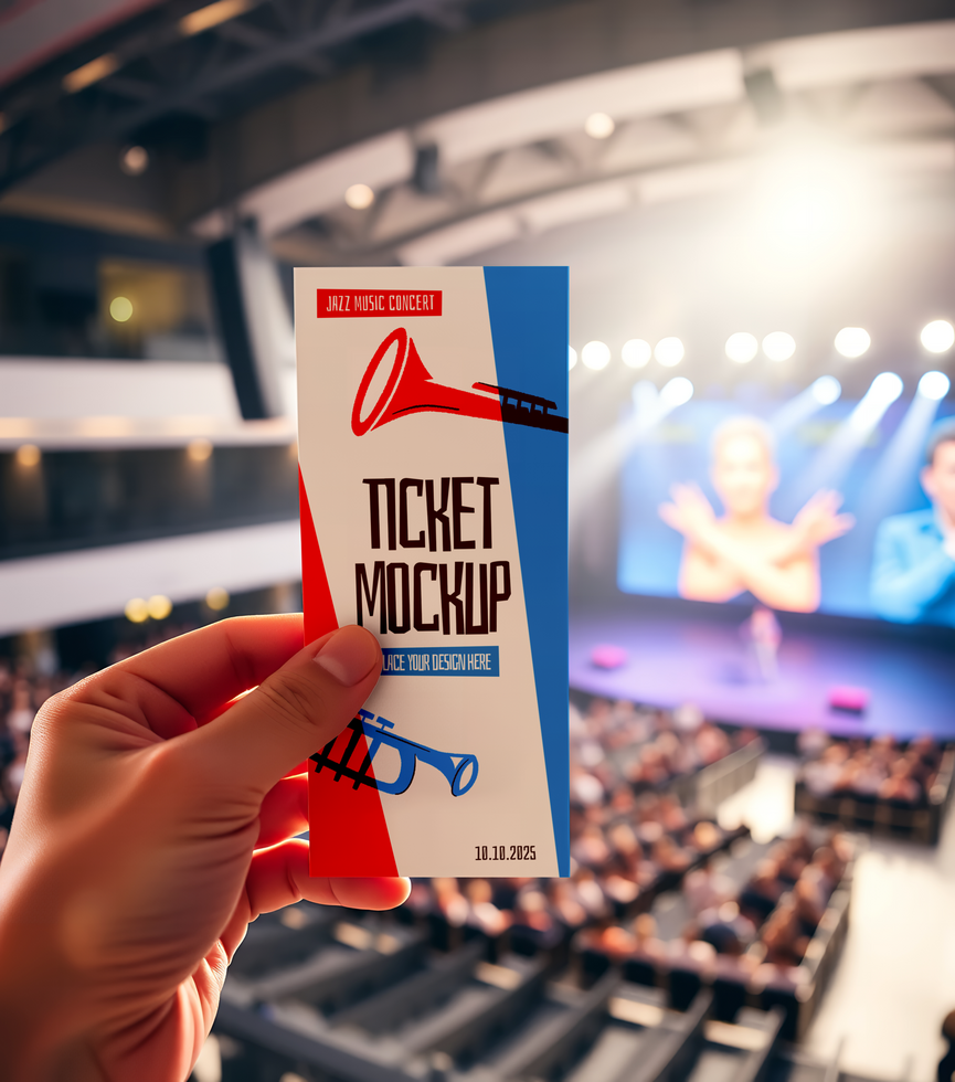 A person holding a ticket mockup in front of an auditorium psd