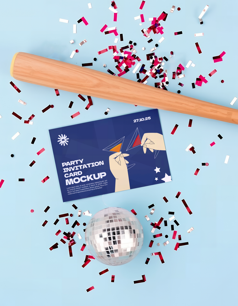 Baseball bat and confetti mockup psd