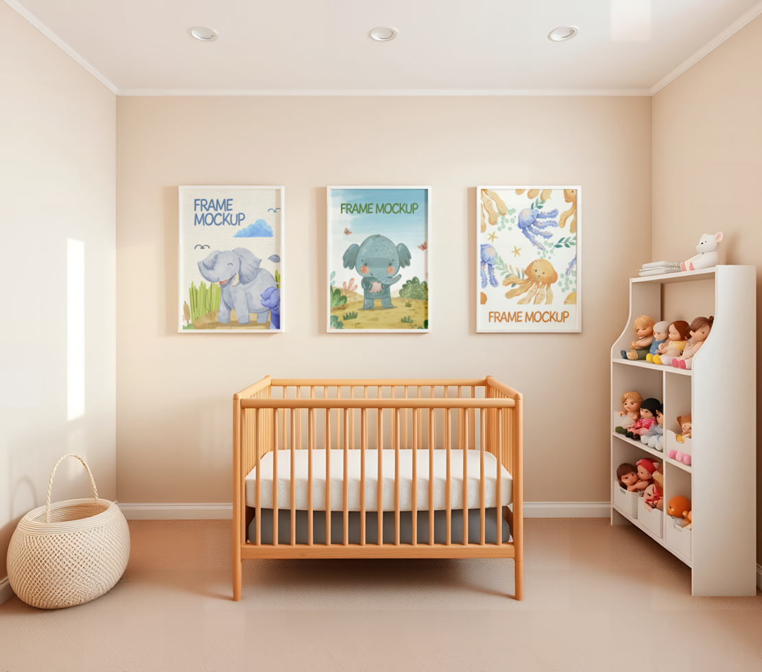 A baby's room with a crib, bookshelf and two posters psd